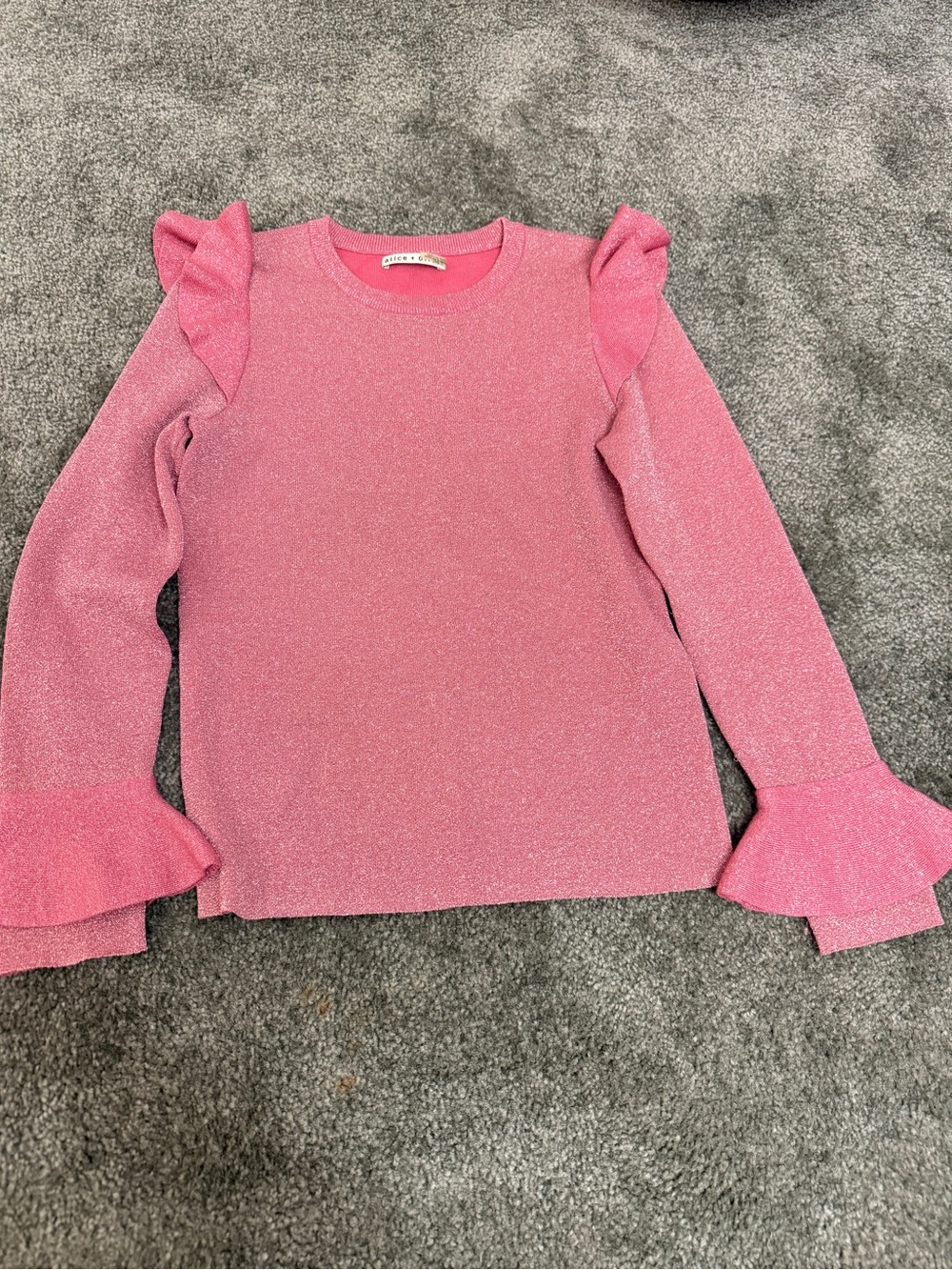 Alice + Olivia Pink Sparkle Ruffle Crewneck Sweater
